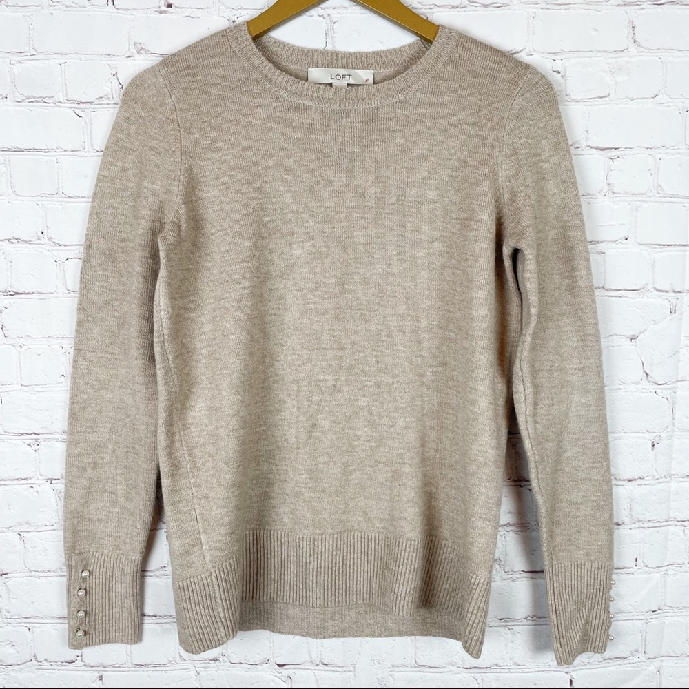 LOFT Pearl embellished Tan Crewneck Sweater S